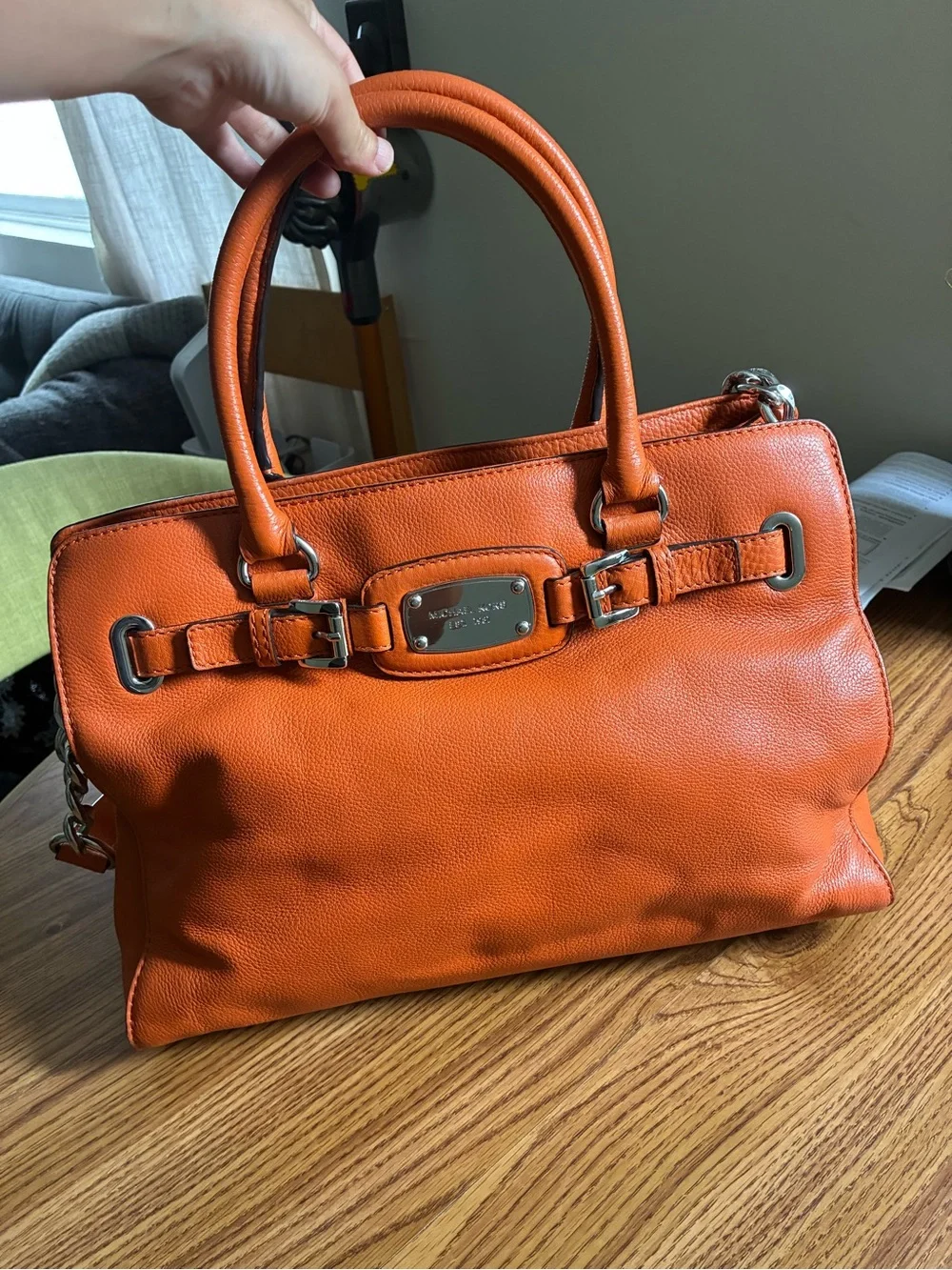 Michael Kors Orange Leather Satchel with Chain-Detail Strap